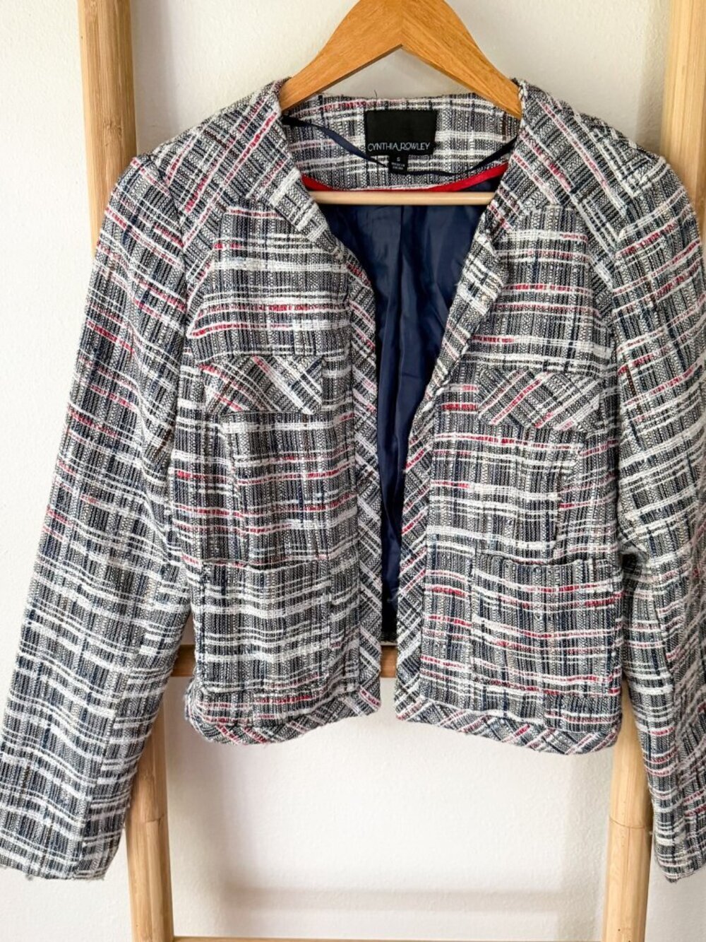 Cynthia Rowley Tweed Cropped Blazer Jacket Plaid Red Blue Womens Size Small
